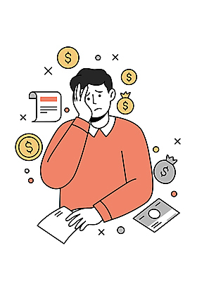 남자 종이 일러스트 스트레스 한명 성인 달러 동전 돈자루 고민 영수증 빚 우울감 손짚기 성인남자한명만 국내일러스트 AI파일 1 감정 돈 사람 손짓 금융 경제 남자한명만 성인남자만 파일형식 벡터