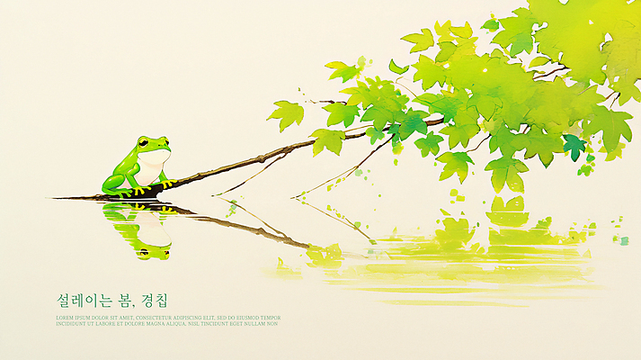 PSD 일러스트 나뭇잎 개구리 앉기 사람없음 초록색 반사 봄 나뭇가지 연못 연잎 경칩 국내일러스트 나무 계절 컬러 잎 모션 양서류 절기 파일형식