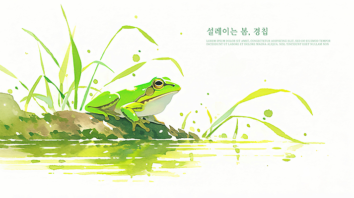 PSD 일러스트 개구리 앉기 사람없음 초록색 반사 봄 연못 풀잎 경칩 국내일러스트 계절 컬러 잎 모션 양서류 풀_식물 절기 파일형식