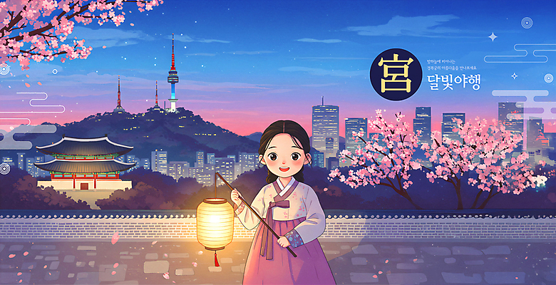 PSD 편집이미지 전통 여자 어린이 여행 가이드 한옥 안내 서울 한명 들기 소녀 빛 소풍 산책 궁전 벚꽃 등불 야간 한복 달빛 경복궁 남산타워 랜드마크 소녀한명만 기와담장 야행 이미지편집 자연요소 직업 1 한국전통 꽃 고건축 모션 휴식 조명 한국 기와 사람 담장 야외활동 달 전통의상 남산 여자한명만 소녀만 파일형식