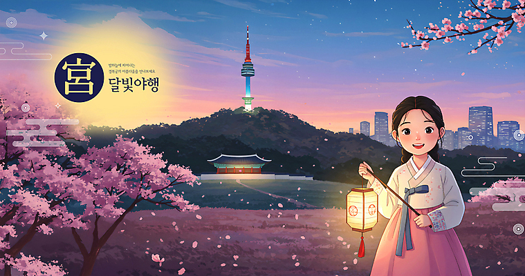 PSD 편집이미지 전통 여자 어린이 여행 가이드 한옥 안내 서울 한명 들기 소녀 빛 소풍 산책 궁전 벚꽃 등불 야간 한복 달빛 경복궁 남산타워 랜드마크 소녀한명만 야행 이미지편집 자연요소 직업 1 한국전통 꽃 고건축 모션 휴식 조명 한국 사람 야외활동 달 전통의상 남산 여자한명만 소녀만 파일형식