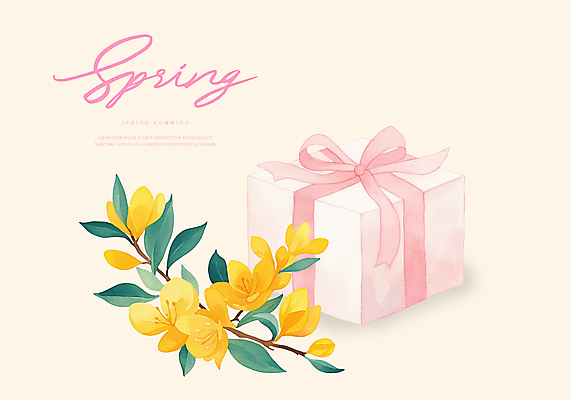 PSD 일러스트 봄꽃 따뜻함 선물 이벤트 사람없음 선물상자 프리지어 국내일러스트 꽃 상자 봄 파일형식