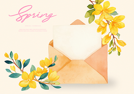 PSD 일러스트 봄꽃 편지봉투 사람없음 노란색 편지지 프리지어 국내일러스트 꽃 컬러 봉투 봄 편지 파일형식