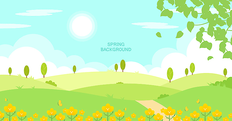 나무 구름 백그라운드 일러스트 봄꽃 사람없음 초록색 태양 봄풍경 언덕 언덕길 국내일러스트 AI파일 자연요소 식물 꽃 길 컬러 풍경 봄 파일형식 벡터