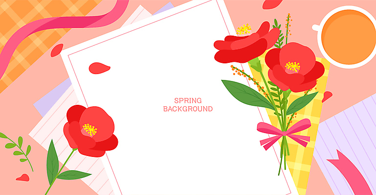 꽃잎 리본 분홍색 백그라운드 잎 일러스트 봄꽃 사람없음 끈 커피잔 편지지 국내일러스트 AI파일 식물 꽃 커피 컬러 잔 봄 편지 파일형식 벡터