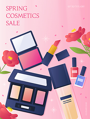 포스터 분홍색 잎 일러스트 봄꽃 이벤트 사람없음 세일 립스틱 볼터치 매니큐어 그라데이션 아이섀도 파운데이션 국내일러스트 AI파일 식물 꽃 컬러 화장 봄 화장품 파일형식 벡터