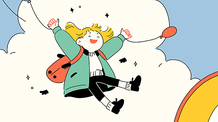 전신 구름 여자 행복 어린이 가방 일러스트 하늘 새출발 한명 들기 소녀 반짝임 우정 만세 풍선 소녀한명만 국내일러스트 AI파일 자연요소 1 잡화 감정 모션 새로움 사람 친구 출발 여자한명만 소녀만 파일형식 벡터