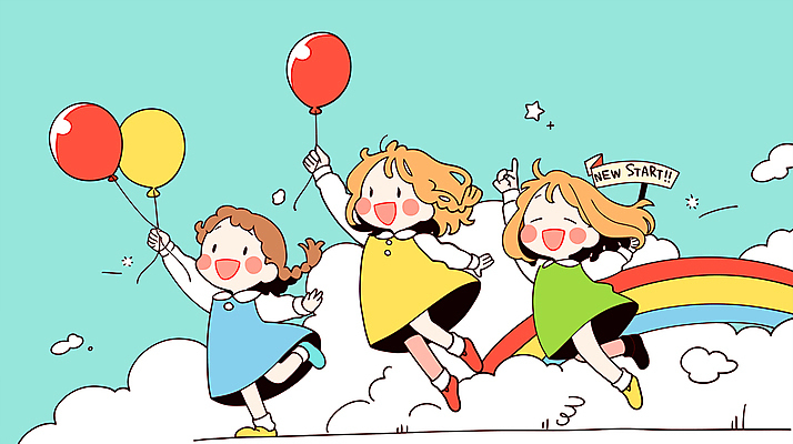 전신 구름 여자 행복 어린이 무지개 일러스트 하늘 새출발 들기 소녀 세명 반짝임 우정 만세 풍선 소녀만 국내일러스트 AI파일 자연요소 감정 모션 새로움 사람 친구 출발 여자만 어린이만 파일형식 벡터