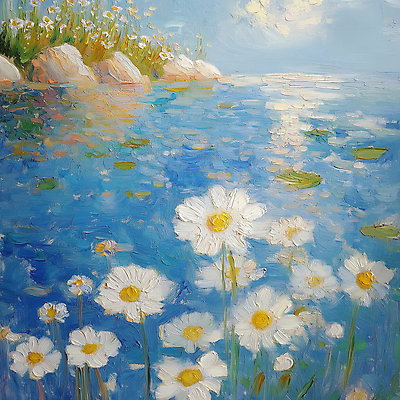 JPG 호수 물결 하늘색 일러스트 사람없음 평화 봄풍경 바위 풀잎 데이지 감성 유화 국내일러스트 AI일러스트 AI콘텐츠 꽃 컨셉 잎 미술 풍경 파란색 봄 돌_바위 풀_식물 파일형식