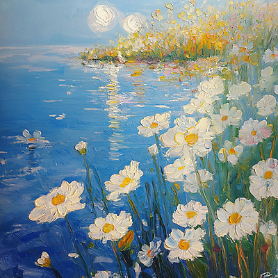 JPG 호수 물결 하늘색 일러스트 사람없음 태양 평화 봄풍경 풀잎 데이지 감성 유화 국내일러스트 AI일러스트 AI콘텐츠 자연요소 꽃 컨셉 잎 미술 풍경 파란색 봄 풀_식물 파일형식