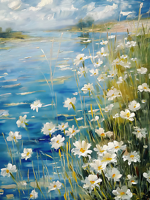 JPG 호수 물결 하늘색 일러스트 사람없음 평화 봄풍경 풀잎 데이지 감성 유화 국내일러스트 AI일러스트 AI콘텐츠 꽃 컨셉 잎 미술 풍경 파란색 봄 풀_식물 파일형식