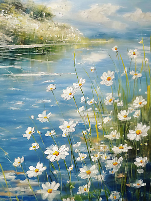 JPG 호수 물결 하늘색 일러스트 사람없음 평화 봄풍경 풀잎 데이지 감성 유화 국내일러스트 AI일러스트 AI콘텐츠 꽃 컨셉 잎 미술 풍경 파란색 봄 풀_식물 파일형식