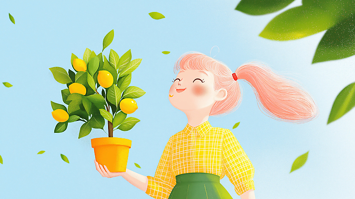 JPG 여자 화분 어린이 일러스트 동화 나뭇잎 한명 웃음 들기 소녀 상반신 평화 레몬 소녀한명만 레몬나무 국내일러스트 AI일러스트 AI콘텐츠 나무 1 컨셉 잎 과일 모션 표정 사람 여자한명만 소녀만 파일형식