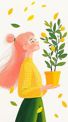 JPG 여자 화분 어린이 일러스트 나뭇잎 한명 웃음 들기 소녀 상반신 평화 가을 레몬 소녀한명만 레몬나무 국내일러스트 AI일러스트 AI콘텐츠 나무 1 계절 컨셉 잎 과일 모션 표정 사람 여자한명만 소녀만 파일형식