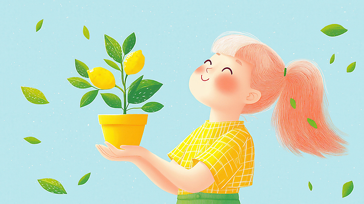 JPG 여자 화분 어린이 일러스트 바람 나뭇잎 한명 웃음 들기 소녀 상반신 평화 레몬 소녀한명만 레몬나무 국내일러스트 AI일러스트 AI콘텐츠 자연요소 나무 1 컨셉 잎 과일 모션 날씨 표정 사람 여자한명만 소녀만 파일형식