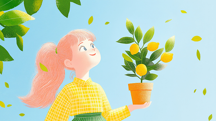 JPG 여자 화분 어린이 일러스트 동화 바람 나뭇잎 한명 웃음 들기 소녀 상반신 평화 레몬 소녀한명만 레몬나무 국내일러스트 AI일러스트 AI콘텐츠 자연요소 나무 1 컨셉 잎 과일 모션 날씨 표정 사람 여자한명만 소녀만 파일형식