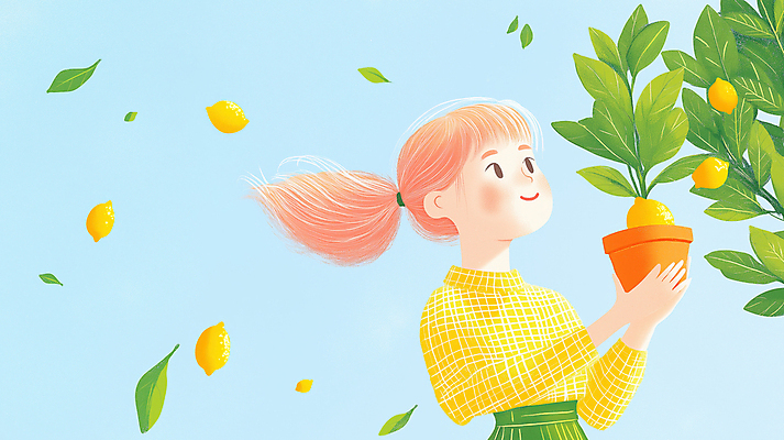 JPG 여자 화분 어린이 일러스트 동화 나뭇잎 한명 웃음 들기 소녀 상반신 평화 레몬 소녀한명만 레몬나무 국내일러스트 AI일러스트 AI콘텐츠 나무 1 컨셉 잎 과일 모션 표정 사람 여자한명만 소녀만 파일형식