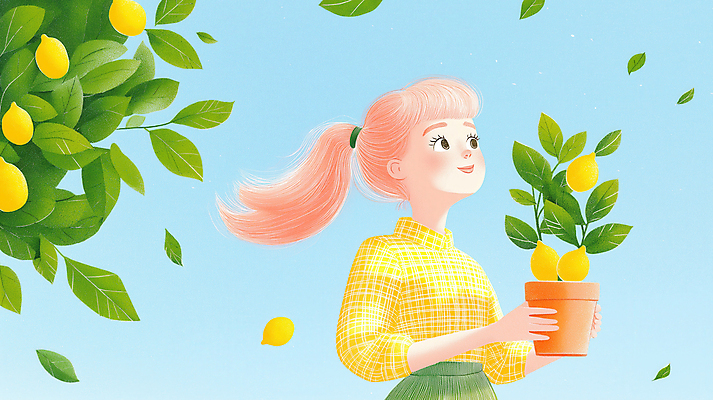JPG 여자 화분 어린이 일러스트 동화 나뭇잎 한명 웃음 들기 소녀 상반신 평화 레몬 소녀한명만 레몬나무 국내일러스트 AI일러스트 AI콘텐츠 나무 1 컨셉 잎 과일 모션 표정 사람 여자한명만 소녀만 파일형식