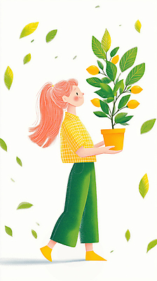 JPG 전신 여자 화분 어린이 일러스트 동화 바람 나뭇잎 한명 웃음 들기 소녀 평화 레몬 소녀한명만 레몬나무 국내일러스트 AI일러스트 AI콘텐츠 자연요소 나무 1 컨셉 잎 과일 모션 날씨 표정 사람 여자한명만 소녀만 파일형식
