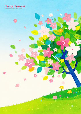 PSD 꽃잎 일러스트 하늘 나뭇잎 초원 사람없음 연두색 봄 벚나무 흩날리기 국내일러스트 나무 계절 꽃 잎 모션 초록색 벚꽃 파일형식