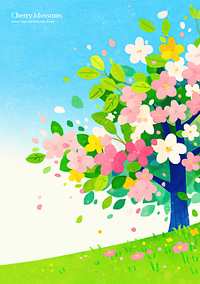 PSD 꽃잎 일러스트 하늘 나뭇잎 초원 사람없음 연두색 봄 벚나무 흩날리기 국내일러스트 나무 계절 꽃 잎 모션 초록색 벚꽃 파일형식