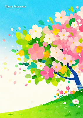 PSD 꽃잎 일러스트 하늘 나뭇잎 초원 사람없음 연두색 봄 벚나무 흩날리기 국내일러스트 나무 계절 꽃 잎 모션 초록색 벚꽃 파일형식