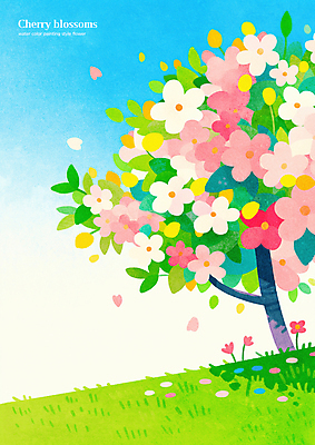 PSD 꽃잎 일러스트 하늘 나뭇잎 초원 사람없음 연두색 봄 벚나무 흩날리기 국내일러스트 나무 계절 꽃 잎 모션 초록색 벚꽃 파일형식