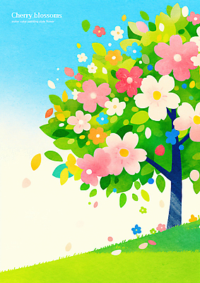 PSD 꽃잎 일러스트 하늘 나뭇잎 초원 사람없음 연두색 봄 벚나무 흩날리기 국내일러스트 나무 계절 꽃 잎 모션 초록색 벚꽃 파일형식