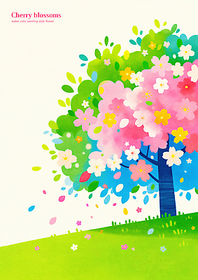 PSD 꽃잎 일러스트 하늘 나뭇잎 초원 사람없음 연두색 봄 벚나무 흩날리기 국내일러스트 나무 계절 꽃 잎 모션 초록색 벚꽃 파일형식