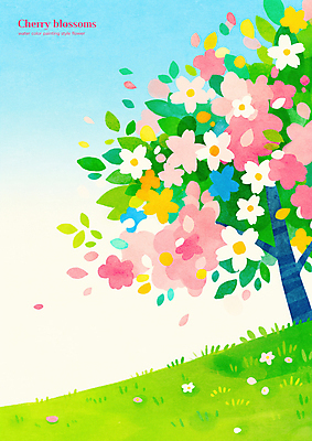 PSD 꽃잎 일러스트 하늘 나뭇잎 초원 사람없음 연두색 봄 벚나무 흩날리기 국내일러스트 나무 계절 꽃 잎 모션 초록색 벚꽃 파일형식