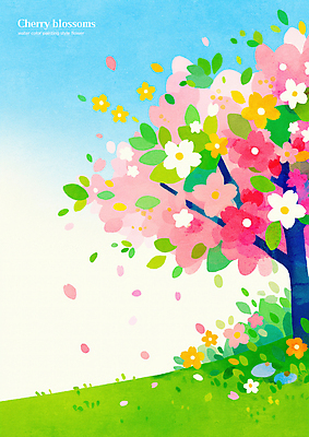 PSD 꽃잎 일러스트 하늘 나뭇잎 초원 사람없음 연두색 봄 벚나무 흩날리기 국내일러스트 나무 계절 꽃 잎 모션 초록색 벚꽃 파일형식