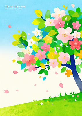 PSD 꽃잎 일러스트 하늘 나뭇잎 초원 사람없음 연두색 봄 벚나무 흩날리기 국내일러스트 나무 계절 꽃 잎 모션 초록색 벚꽃 파일형식