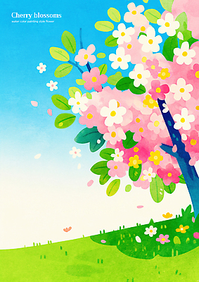 PSD 꽃잎 일러스트 하늘 나뭇잎 초원 사람없음 연두색 봄 벚나무 흩날리기 국내일러스트 나무 계절 꽃 잎 모션 초록색 벚꽃 파일형식