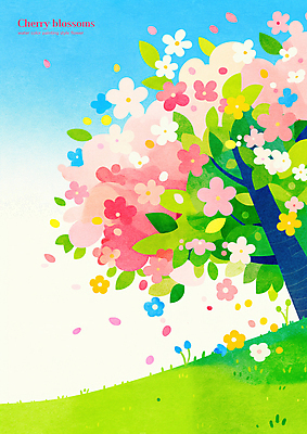 PSD 꽃잎 일러스트 하늘 나뭇잎 초원 사람없음 연두색 봄 벚나무 흩날리기 국내일러스트 나무 계절 꽃 잎 모션 초록색 벚꽃 파일형식