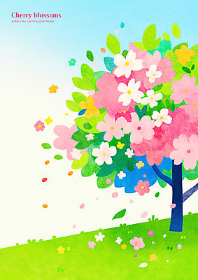 PSD 꽃잎 일러스트 하늘 나뭇잎 초원 사람없음 연두색 봄 벚나무 흩날리기 국내일러스트 나무 계절 꽃 잎 모션 초록색 벚꽃 파일형식