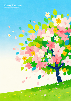 PSD 꽃잎 일러스트 하늘 나뭇잎 초원 사람없음 연두색 봄 벚나무 흩날리기 국내일러스트 나무 계절 꽃 잎 모션 초록색 벚꽃 파일형식