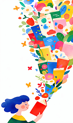 JPG 여자 어린이 잎 일러스트 상상 한명 들기 소녀 상반신 책 컬러풀 독서 봄 소녀한명만 국내일러스트 AI일러스트 AI콘텐츠 식물 1 계절 컬러 모션 사람 여자한명만 소녀만 파일형식