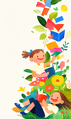 JPG 여자 꽃 어린이 잎 일러스트 상상 들기 소녀 두명 책 눕기 독서 봄 소녀만 국내일러스트 AI일러스트 AI콘텐츠 식물 계절 모션 사람 여자만 어린이만 파일형식