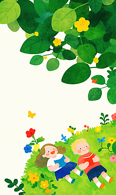 JPG 전신 여자 남자 어린이 잎 꽃밭 일러스트 상상 들기 소녀 두명 책 초록색 눕기 독서 봄 어린이만 국내일러스트 AI일러스트 AI콘텐츠 식물 계절 꽃 컬러 모션 사람 파일형식