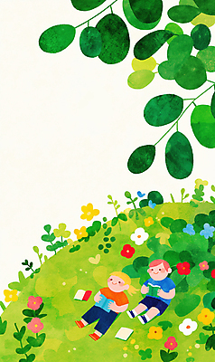 JPG 전신 여자 남자 어린이 잎 꽃밭 일러스트 상상 들기 소녀 소년 두명 책 초록색 눕기 독서 봄 어린이만 국내일러스트 AI일러스트 AI콘텐츠 식물 계절 꽃 컬러 모션 사람 파일형식