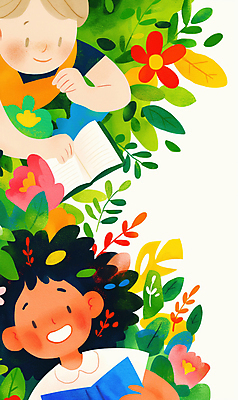 JPG 여자 남자 꽃 어린이 잎 일러스트 상상 들기 소녀 소년 상반신 두명 책 독서 봄 어린이만 국내일러스트 AI일러스트 AI콘텐츠 식물 계절 모션 사람 파일형식