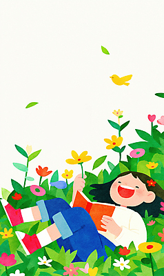 JPG 여자 어린이 잎 꽃밭 일러스트 상상 한명 들기 소녀 책 초록색 독서 봄 소녀한명만 국내일러스트 AI일러스트 AI콘텐츠 식물 1 계절 꽃 컬러 모션 사람 여자한명만 소녀만 파일형식