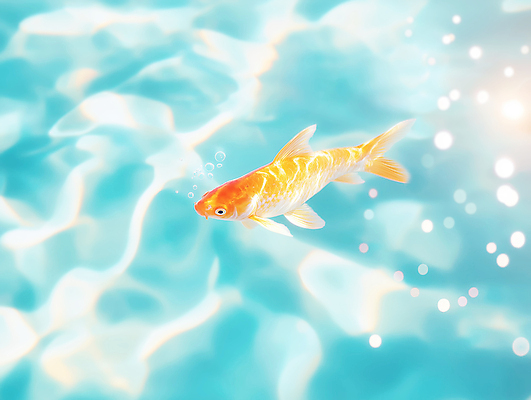 JPG 편집이미지 물결 하늘색 밝음 사람없음 햇빛 수중 수면 금붕어 보케 편집실사 AI포토 AI콘텐츠 어류 물 파란색 태양 CG 파일형식