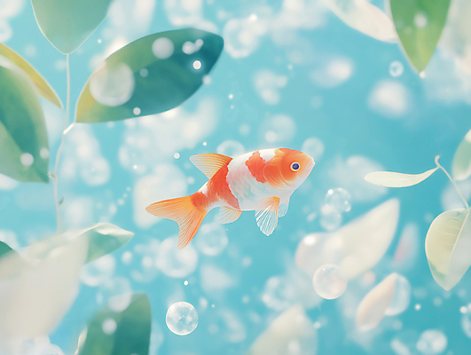 JPG 편집이미지 하늘색 잎 사람없음 물 햇빛 수중 물방울 금붕어 보케 편집실사 AI포토 AI콘텐츠 자연요소 식물 어류 파란색 태양 CG 파일형식