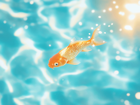 JPG 편집이미지 물결 하늘색 밝음 사람없음 물 빛 햇빛 수중 금붕어 보케 편집실사 AI포토 AI콘텐츠 자연요소 어류 파란색 태양 CG 파일형식