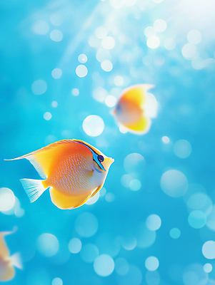 JPG 편집이미지 하늘색 밝음 사람없음 물 햇빛 수중 열대어 보케 편집실사 AI포토 AI콘텐츠 자연요소 어류 파란색 태양 CG 파일형식