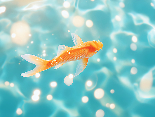 JPG 편집이미지 물결 하늘색 밝음 사람없음 물 빛 햇빛 수중 금붕어 보케 편집실사 AI포토 AI콘텐츠 자연요소 어류 파란색 태양 CG 파일형식