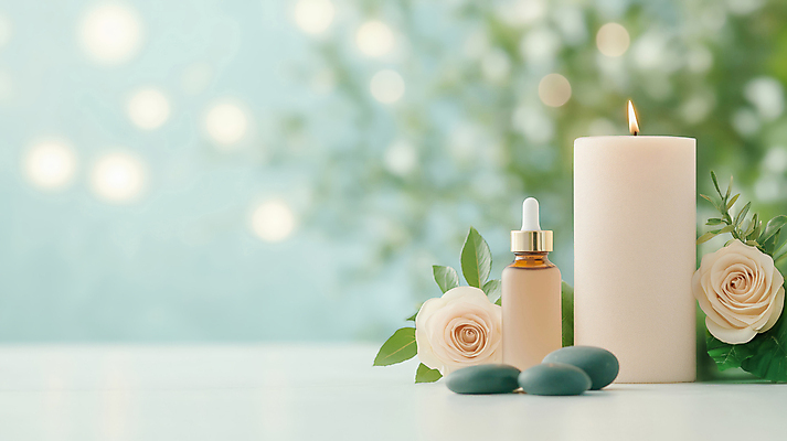 JPG 편집이미지 하늘색 잎 촛불 사람없음 장미 평화 돌_바위 보케 힐링 아로마 오일병 아로마오일 편집실사 AI포토 AI콘텐츠 식물 꽃 컨셉 초 파란색 오일_화장품 CG 파일형식