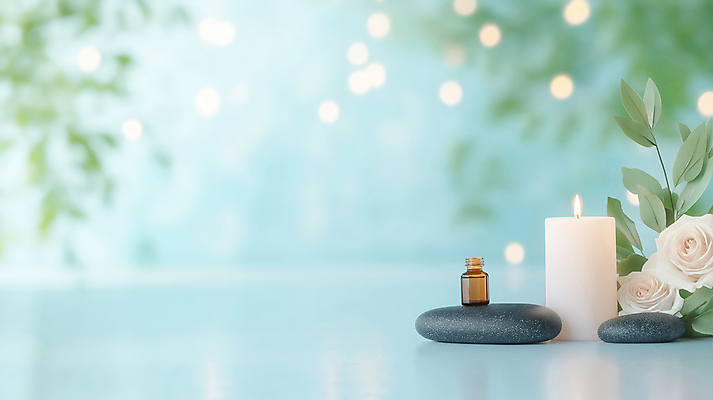 JPG 편집이미지 하늘색 잎 촛불 사람없음 장미 평화 돌_바위 보케 힐링 아로마 오일병 아로마오일 편집실사 AI포토 AI콘텐츠 식물 꽃 컨셉 초 파란색 오일_화장품 CG 파일형식