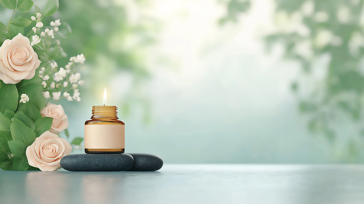 JPG 편집이미지 하늘색 잎 촛불 사람없음 평화 돌_바위 힐링 아로마 오일병 아로마오일 편집실사 AI포토 AI콘텐츠 식물 컨셉 초 파란색 오일_화장품 CG 파일형식